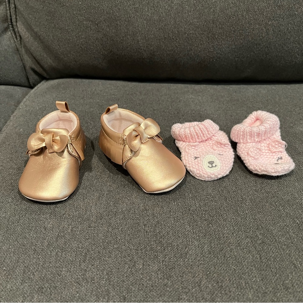 Baby moccasin shoes and crochet booties size 0-3 M